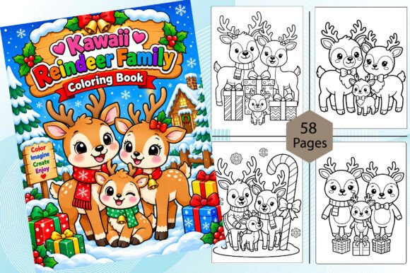 Kawaii Reindeer Family Coloring Page