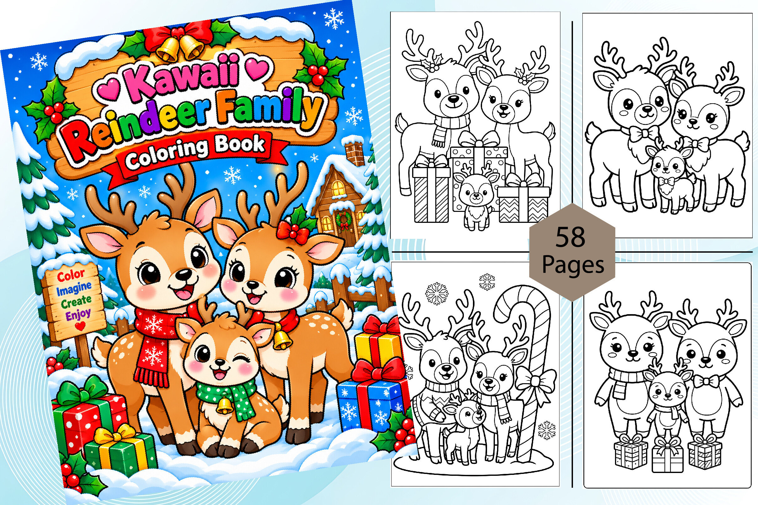 Kawaii Reindeer Family Coloring Page