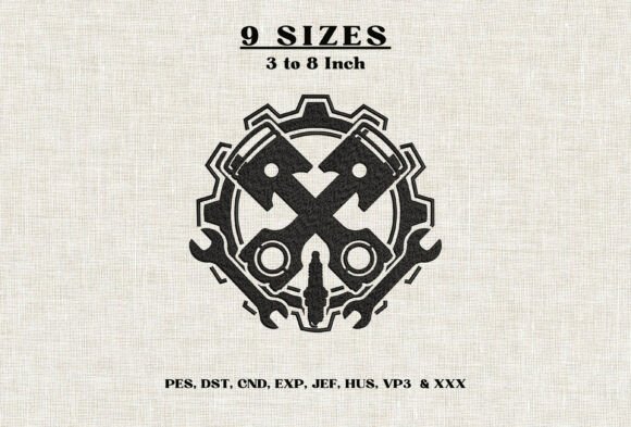 Mechanic Pistons Wrenches Embroidery DST