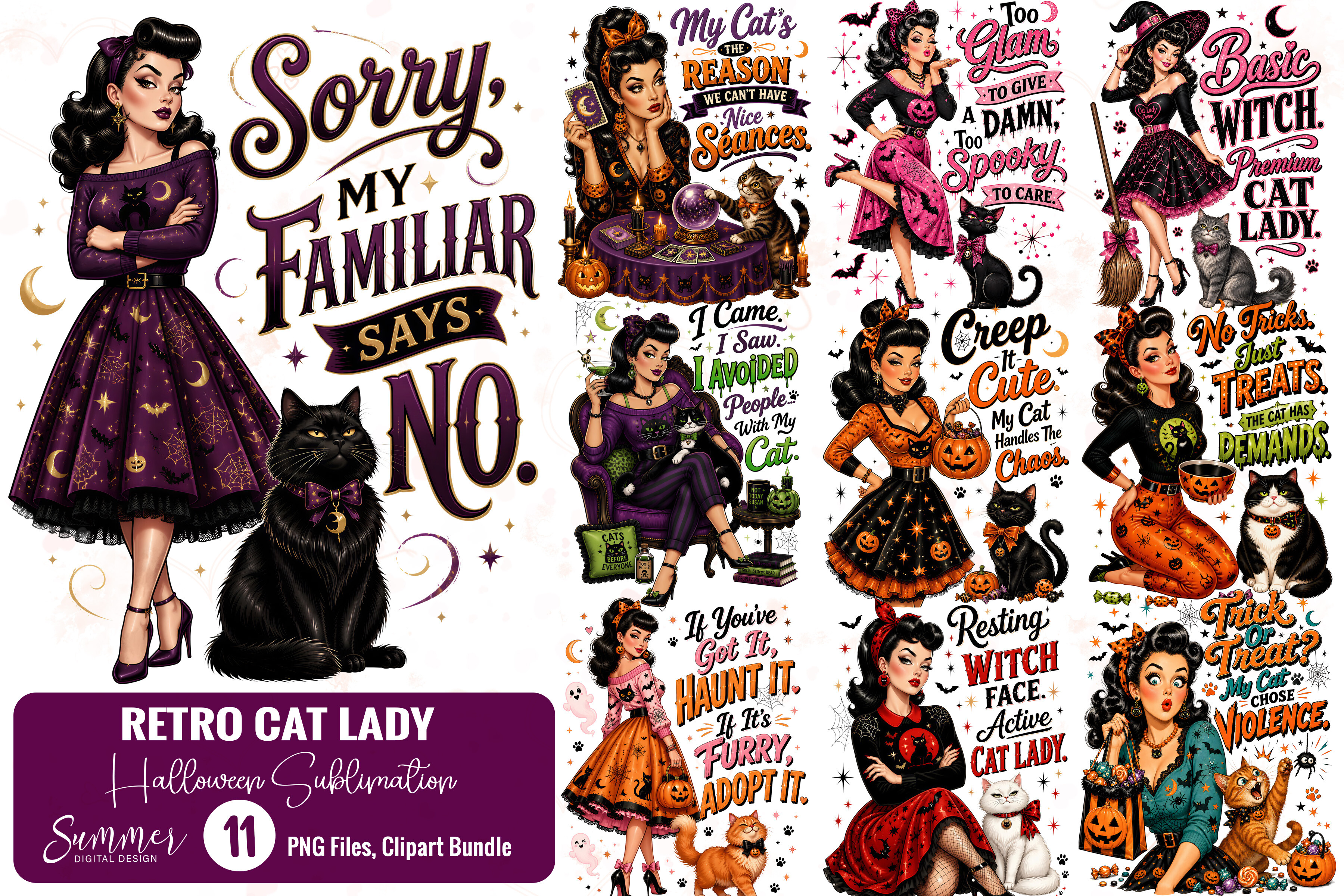 Retro Cat Lady Funny Halloween Clipart