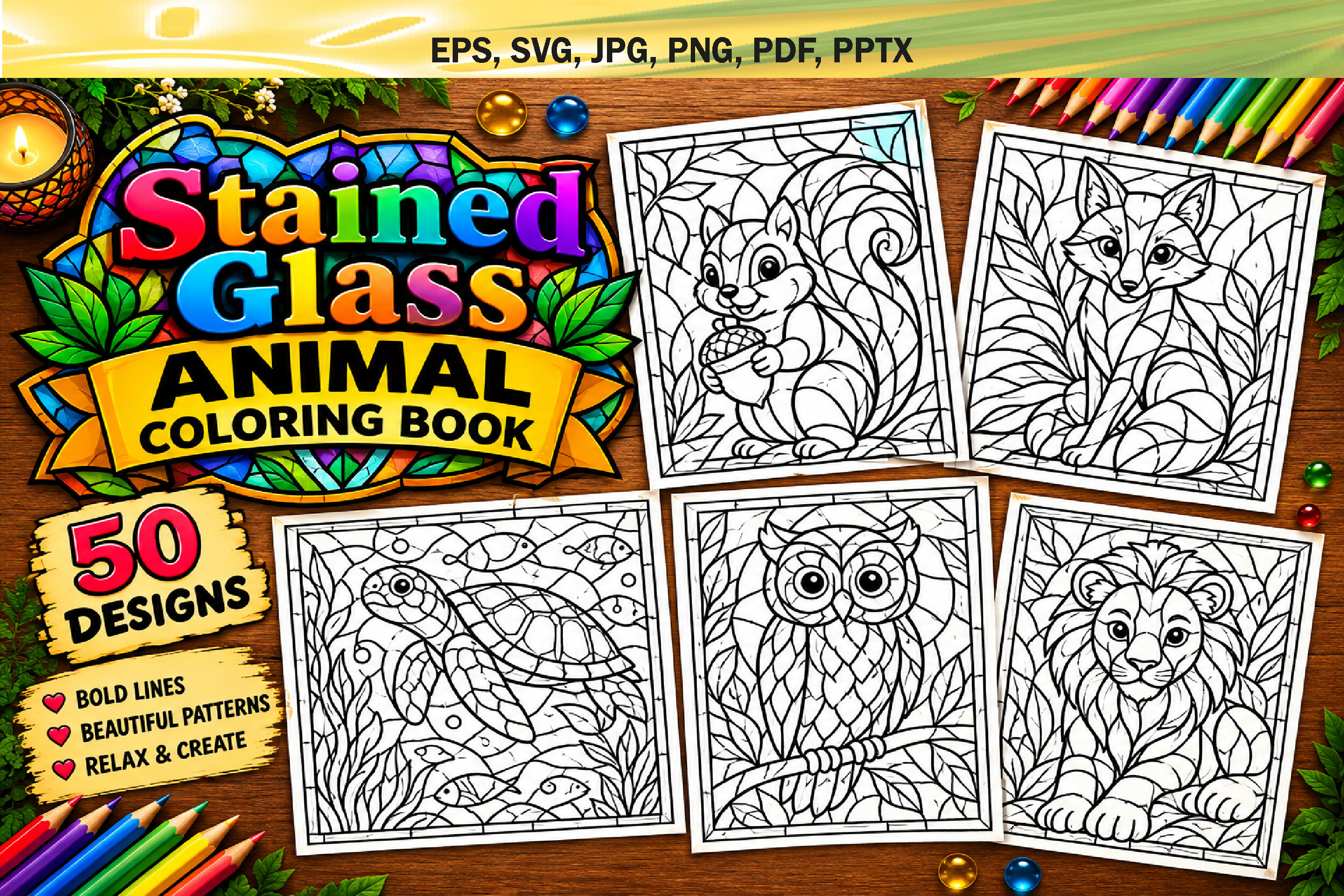 Stained Glass Animal Coloring Book