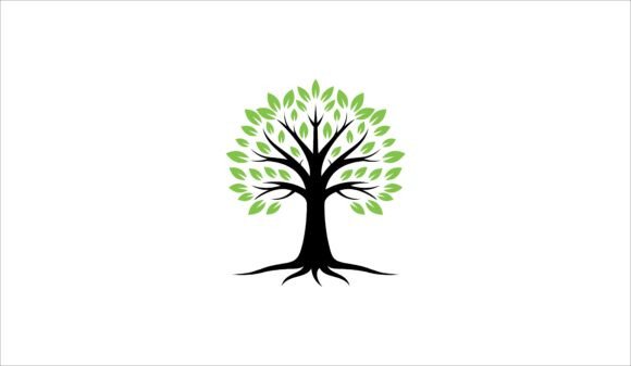 Stylized Tree with Leaves Roots Symbol