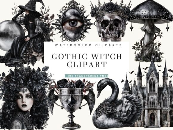 Watercolor Gothic Witch Clipart