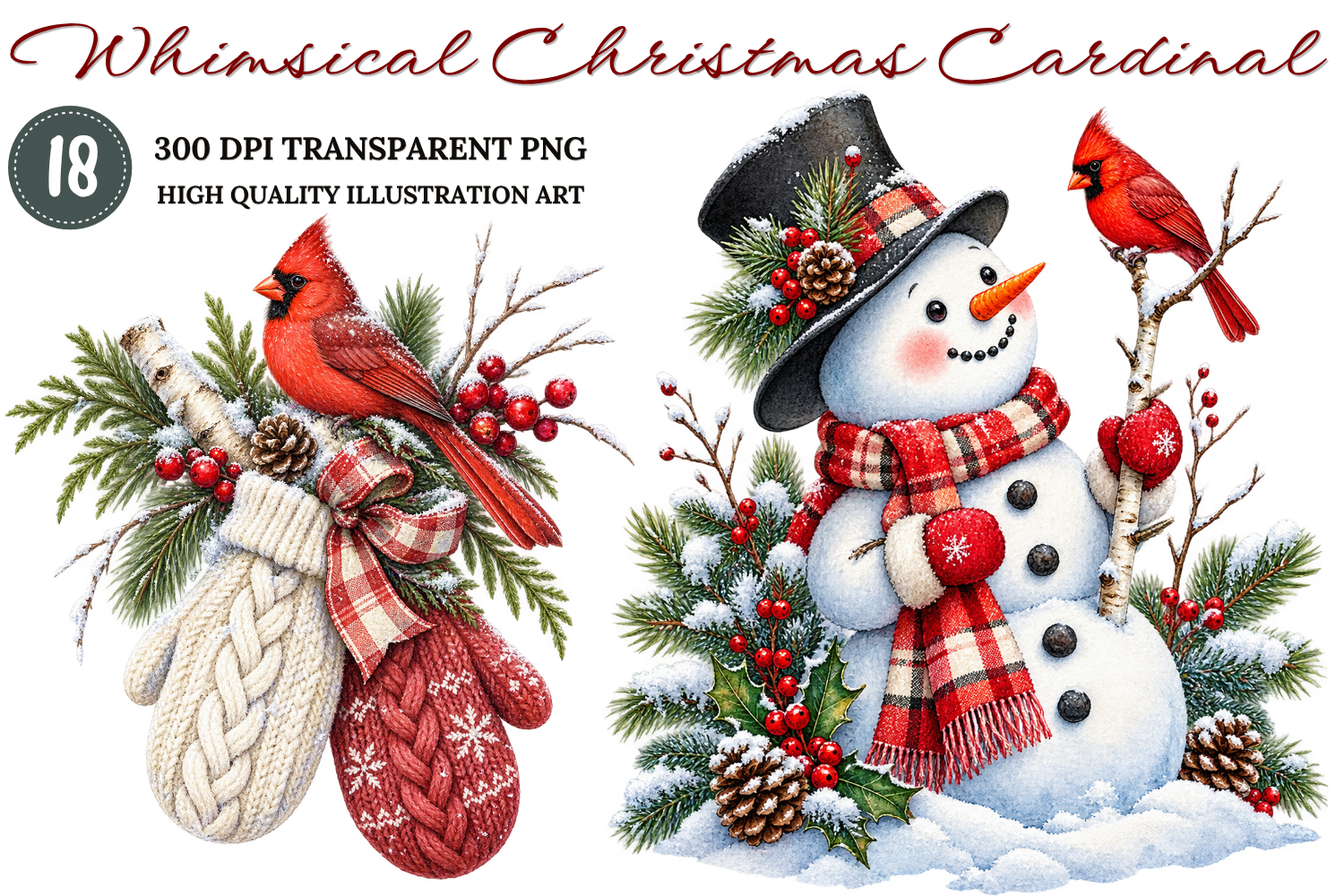 Whimsical Christmas Cardinal PNG Bundle