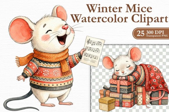 Winter Mice Watercolor Clipart PNG