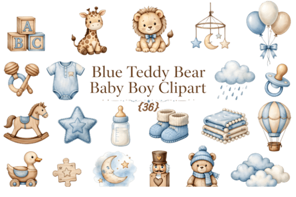 36 Blue Teddy Bear Baby Boy Clipart PNG