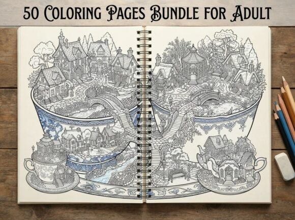 50 Magical Tea Cup Village Coloring Page