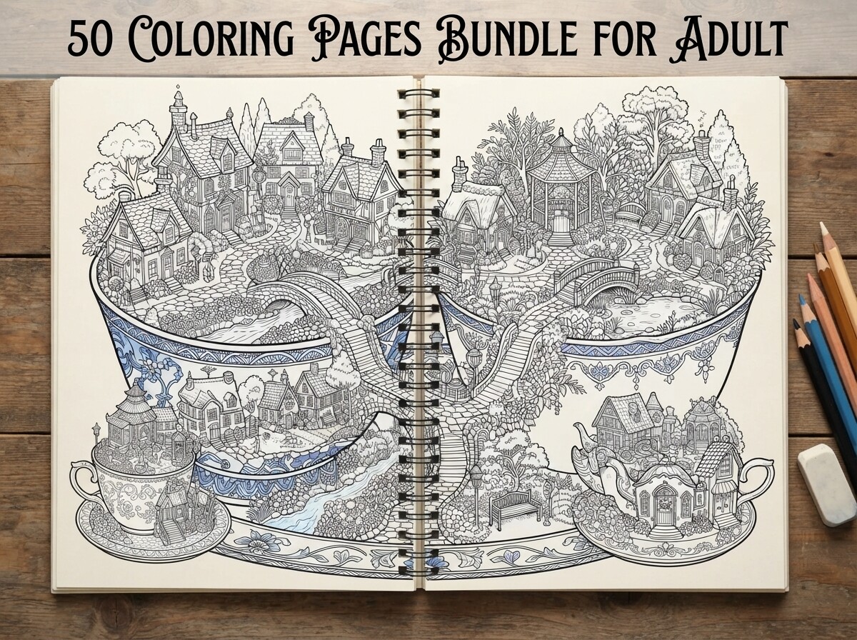 50 Magical Tea Cup Village Coloring Page