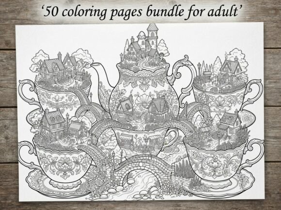50 Magical Tea Cup Village Coloring Page