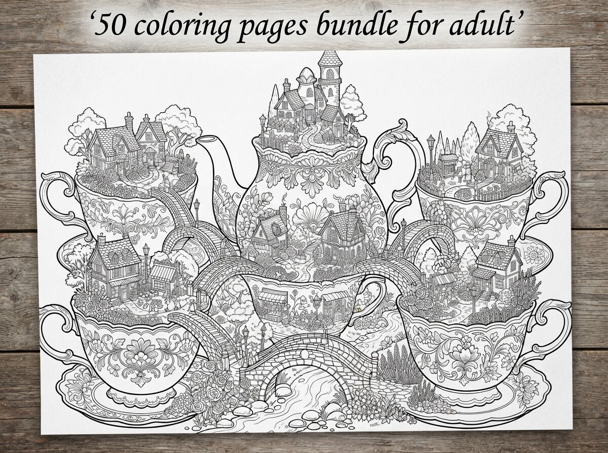 50 Magical Tea Cup Village Coloring Page