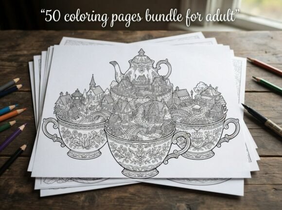 50 Magical Tea Cup Village Coloring Page