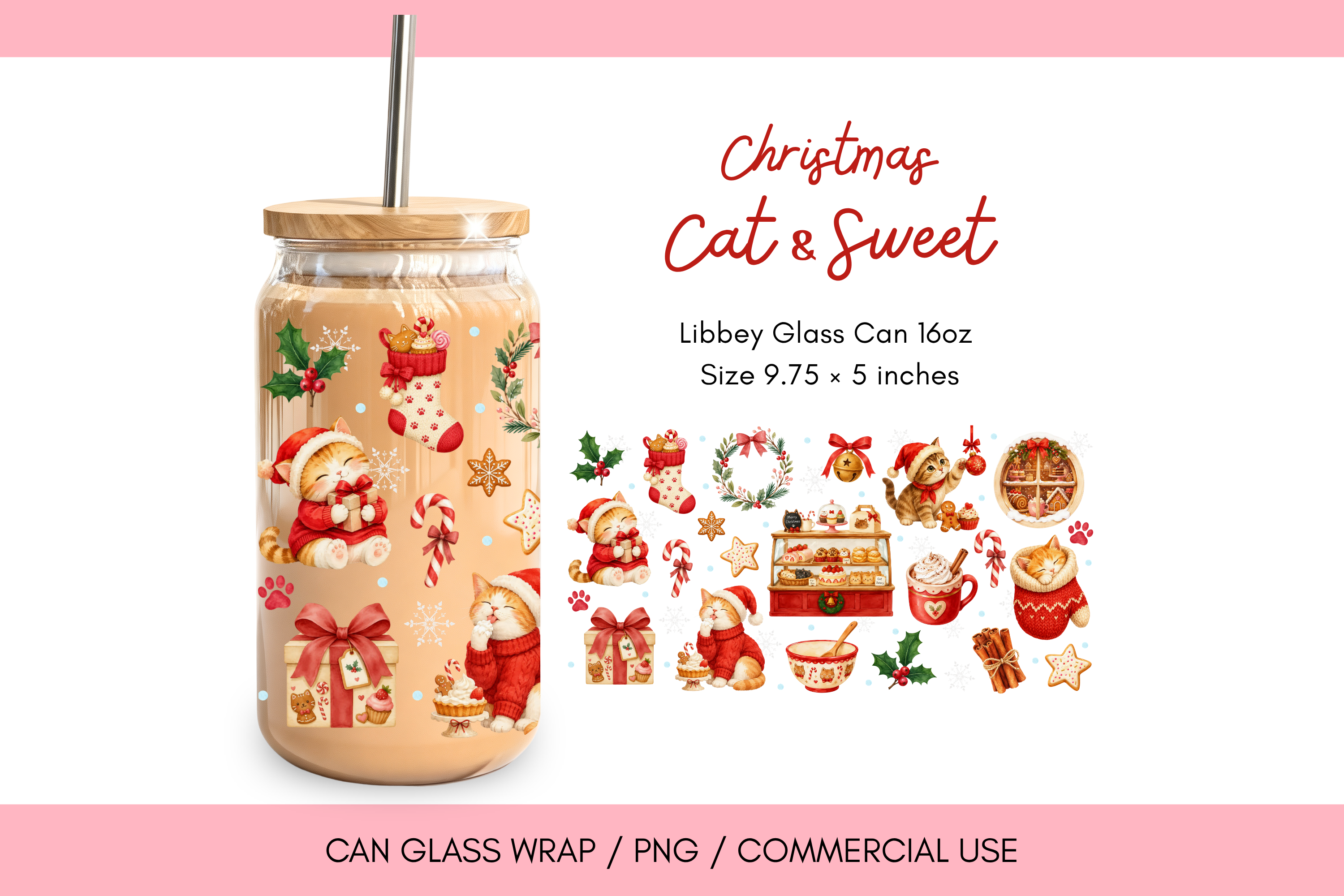 Christmas Cat Sweets Glass Can Wrap PNG