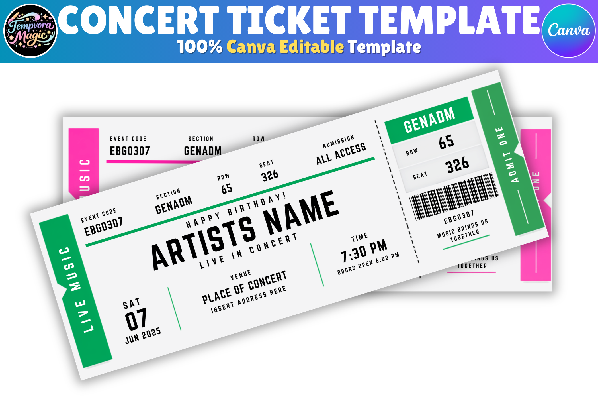 Concert Ticket Canva Editable Template