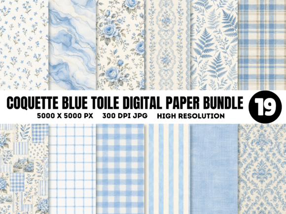 Coquette Blue Toile Digital Paper Bundle