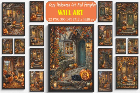 Cozy Halloween Cat and Pumpkin Wall Arts