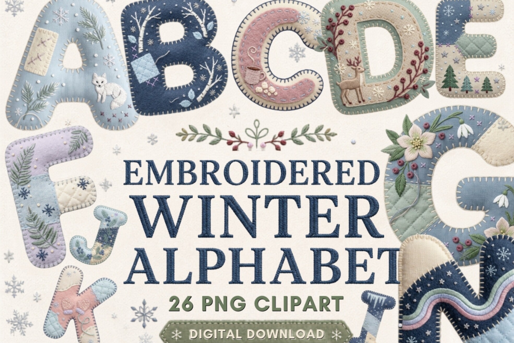Embroidered Winter Alphabet PNG Bundle