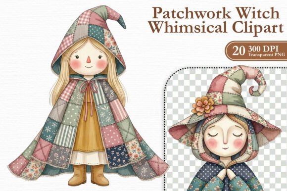 Patchwork Witch Whimsical Clipart PNG