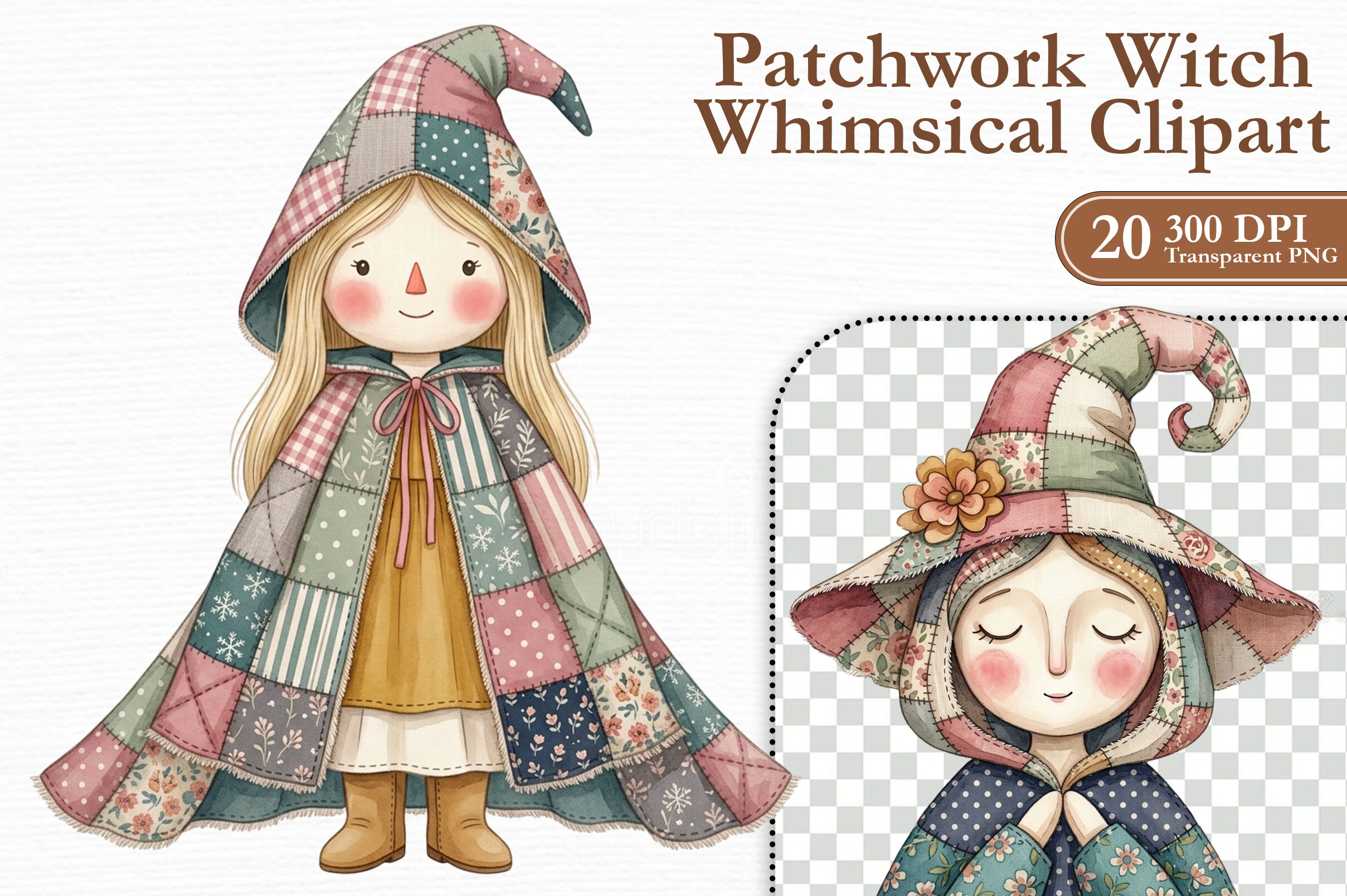 Patchwork Witch Whimsical Clipart PNG