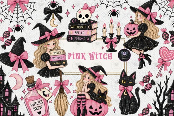 Pink Halloween Witch Clipart