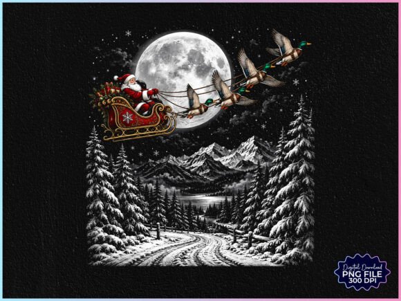 Retro Christmas Duck Santa Sleigh PNG