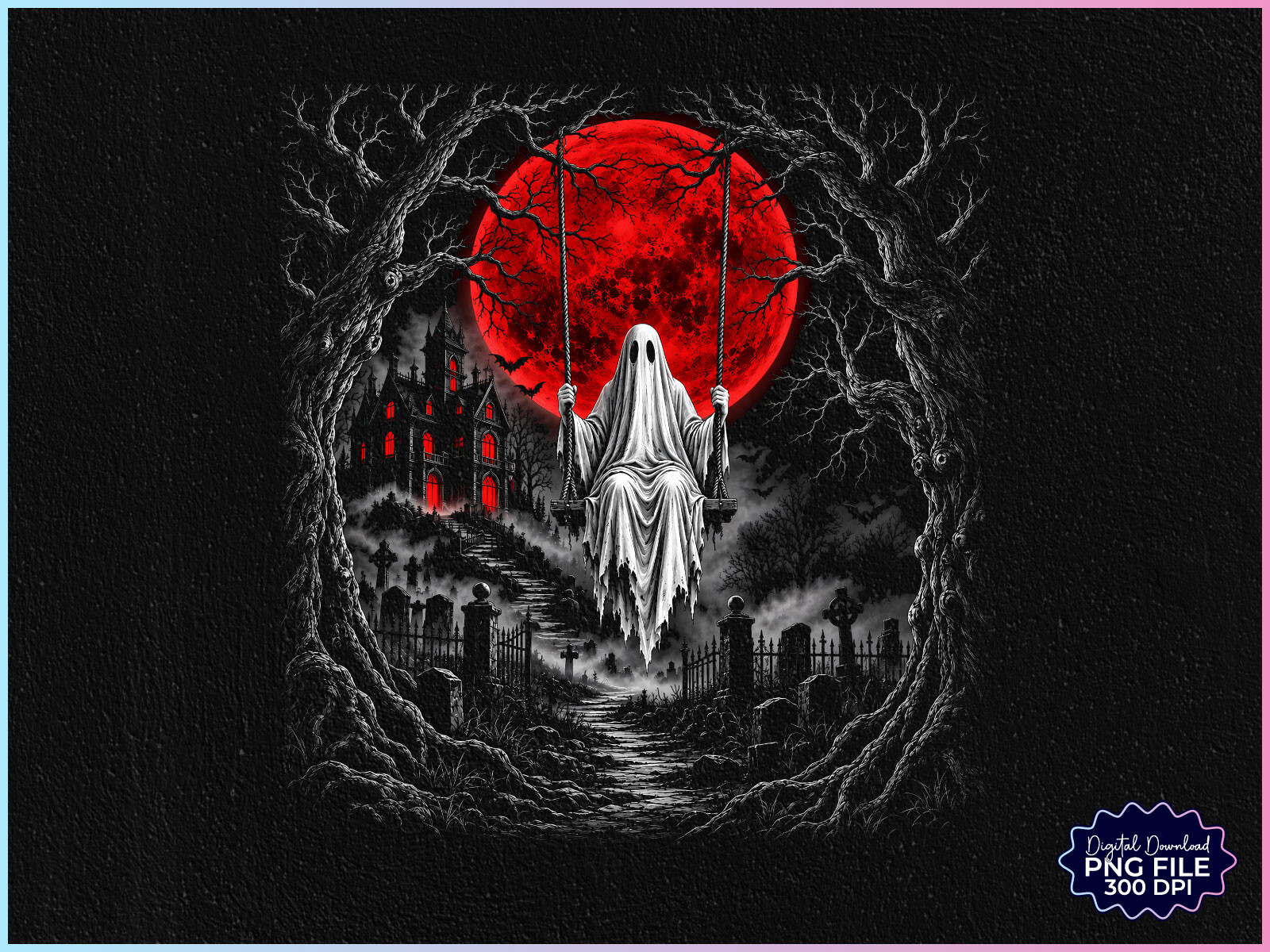 Retro Halloween Ghost Red Moon PNG