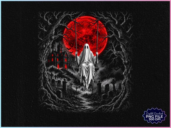 Retro Halloween Ghost Red Moon PNG Grafika Ilustracje do Druku Przez Creative Community