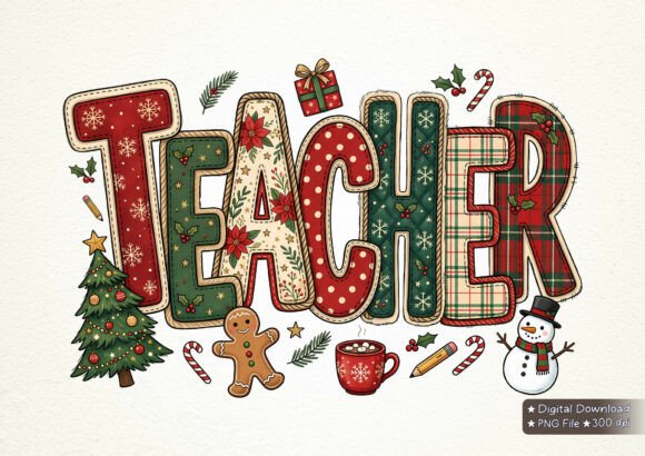 Retro Patchwork Teacher Christmas PNG