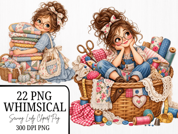 Sewing Lady Clipart Bundle, Whimsical