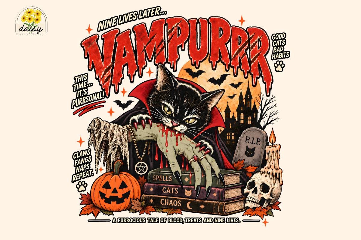 Vampire Cat Retro Halloween PNG