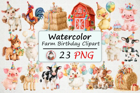 Watercolor Farm Birthday Clipart