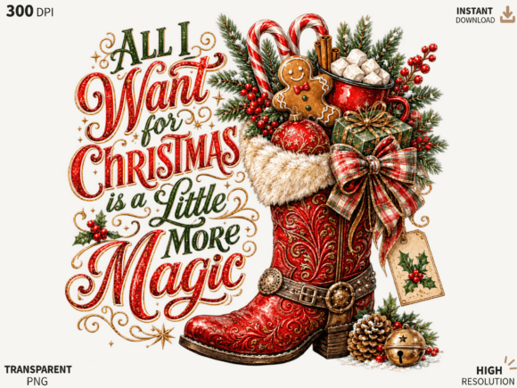 Western Christmas Magic Cowboy Boot PNG