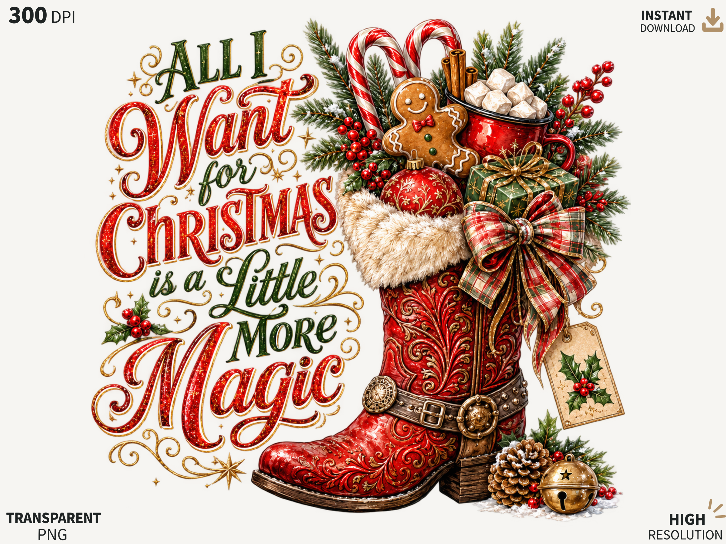 Western Christmas Magic Cowboy Boot PNG