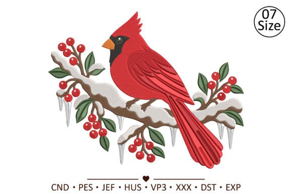 Winter Icy Cardinal Branch Embroidery