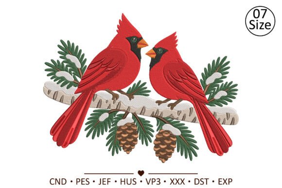 Winter Pair Red Cardinals Embroidery