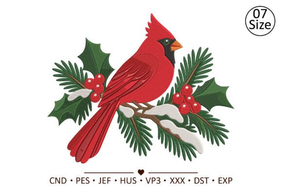 Winter Red Cardinal Bird Embroidery Desi