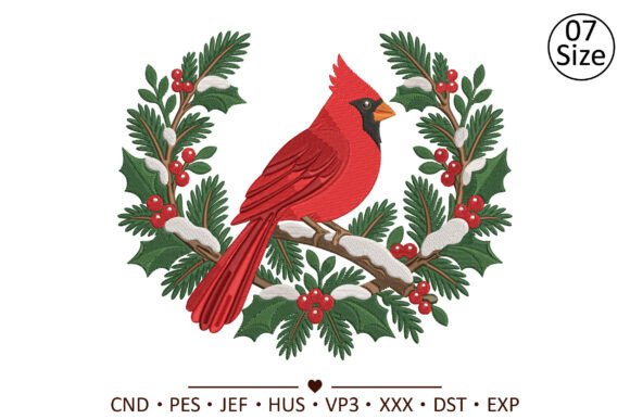 Winter Red Cardinal Wreath Embroidery