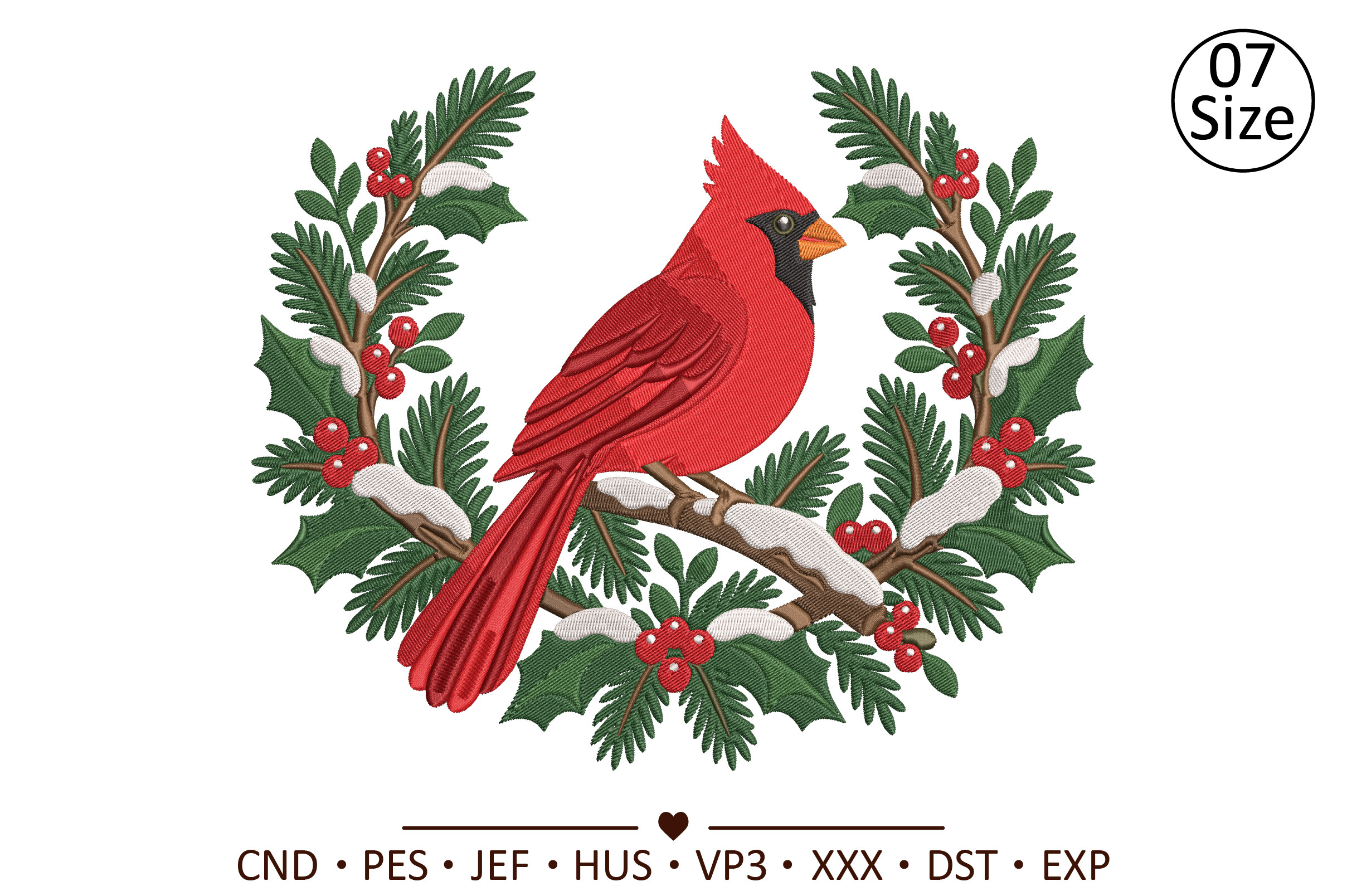 Winter Red Cardinal Wreath Embroidery