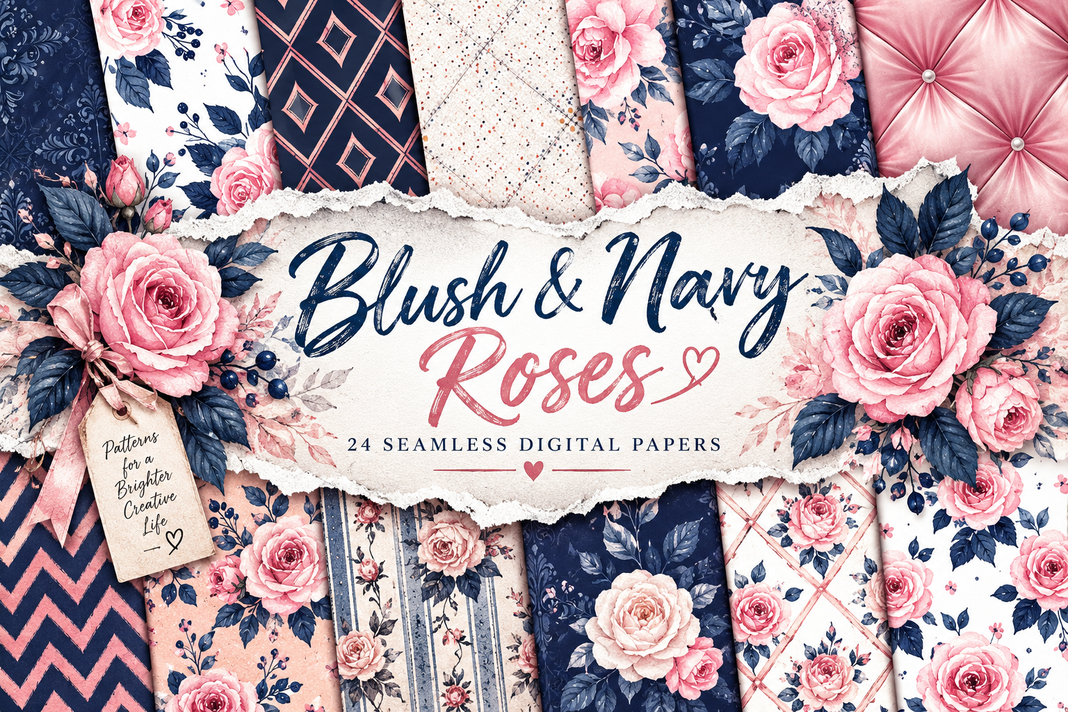 Blush & Navy Roses Digital Pattern
