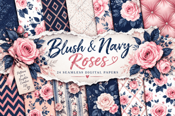 Blush & Navy Roses Digital Pattern Gráfico Patrones de Papel Por Designstock