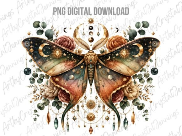 Celestial Boho Moth Floral Art PNG