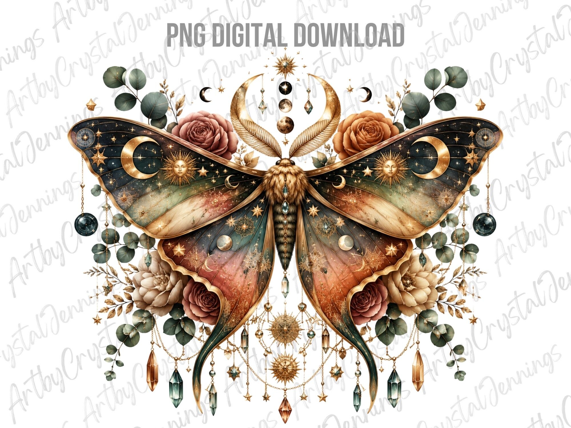 Celestial Boho Moth Floral Art PNG