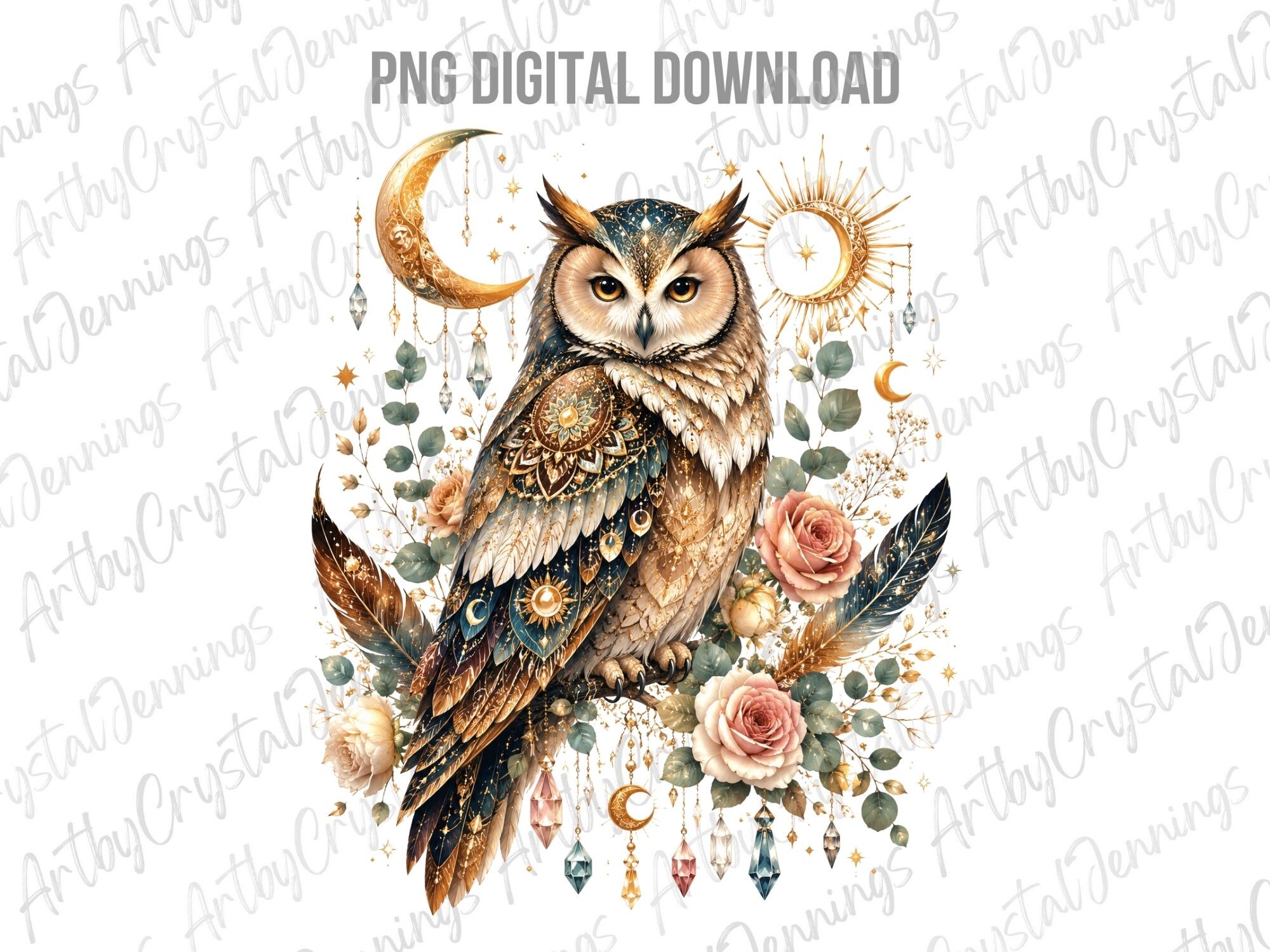 Celestial Mystical Boho Owl Floral PNG