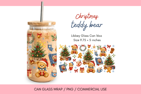 Christmas Teddy Bear Glass Can Wrap PNG