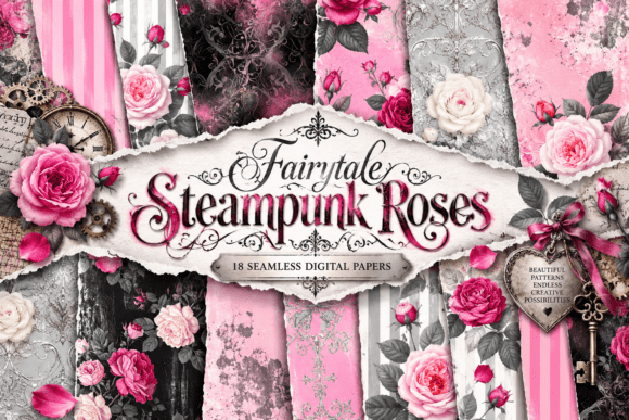 Fairytale Steampunk Roses Digital Papers