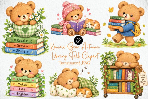 Kawaii Bear Autumn Library Fall Clipart