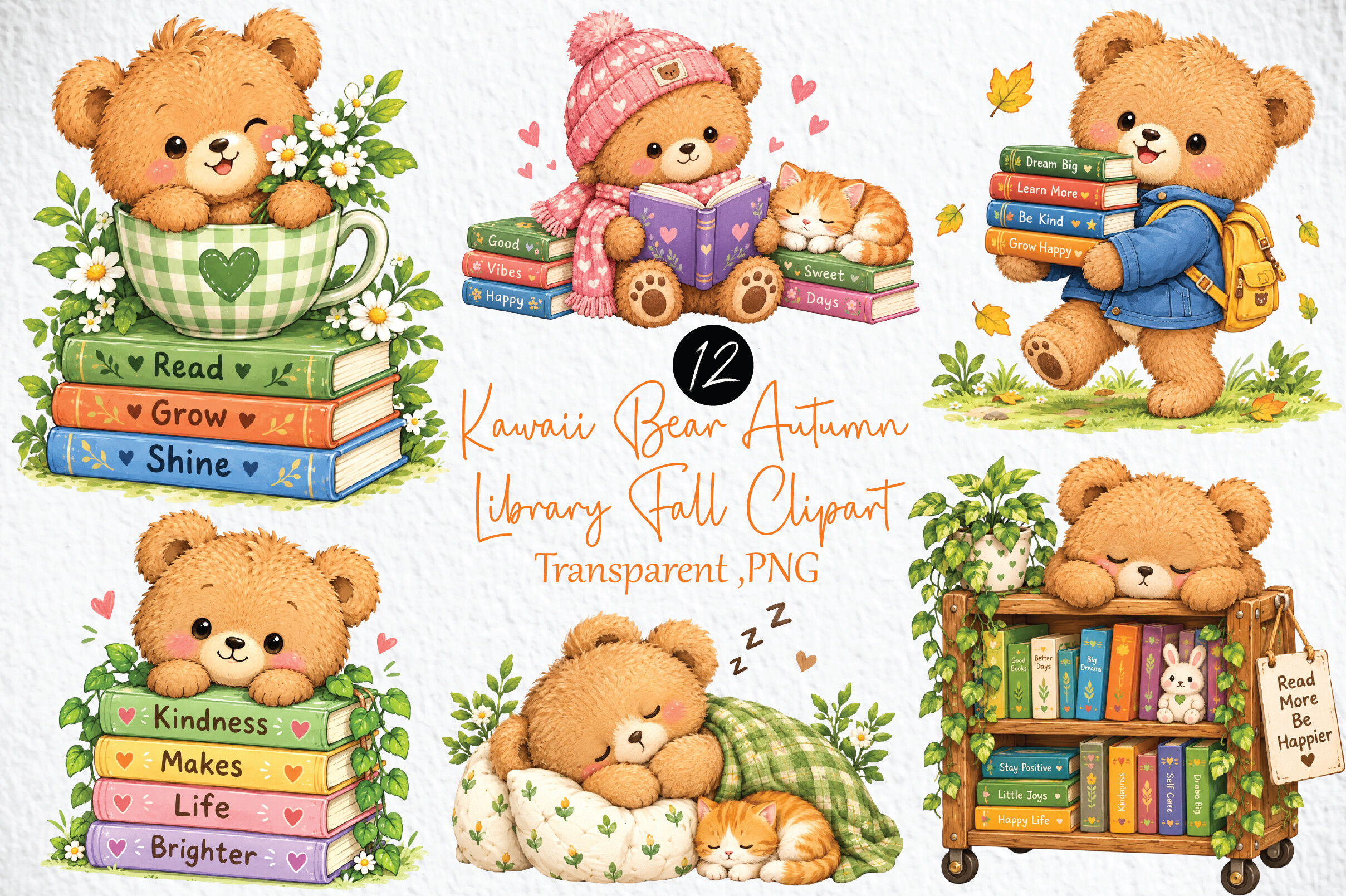 Kawaii Bear Autumn Library Fall Clipart