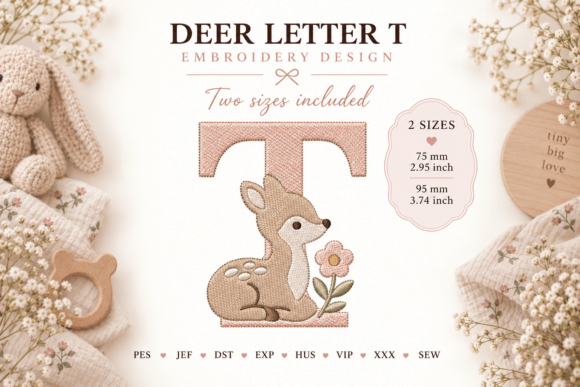 Letter T Baby Fawn Embroidery Design