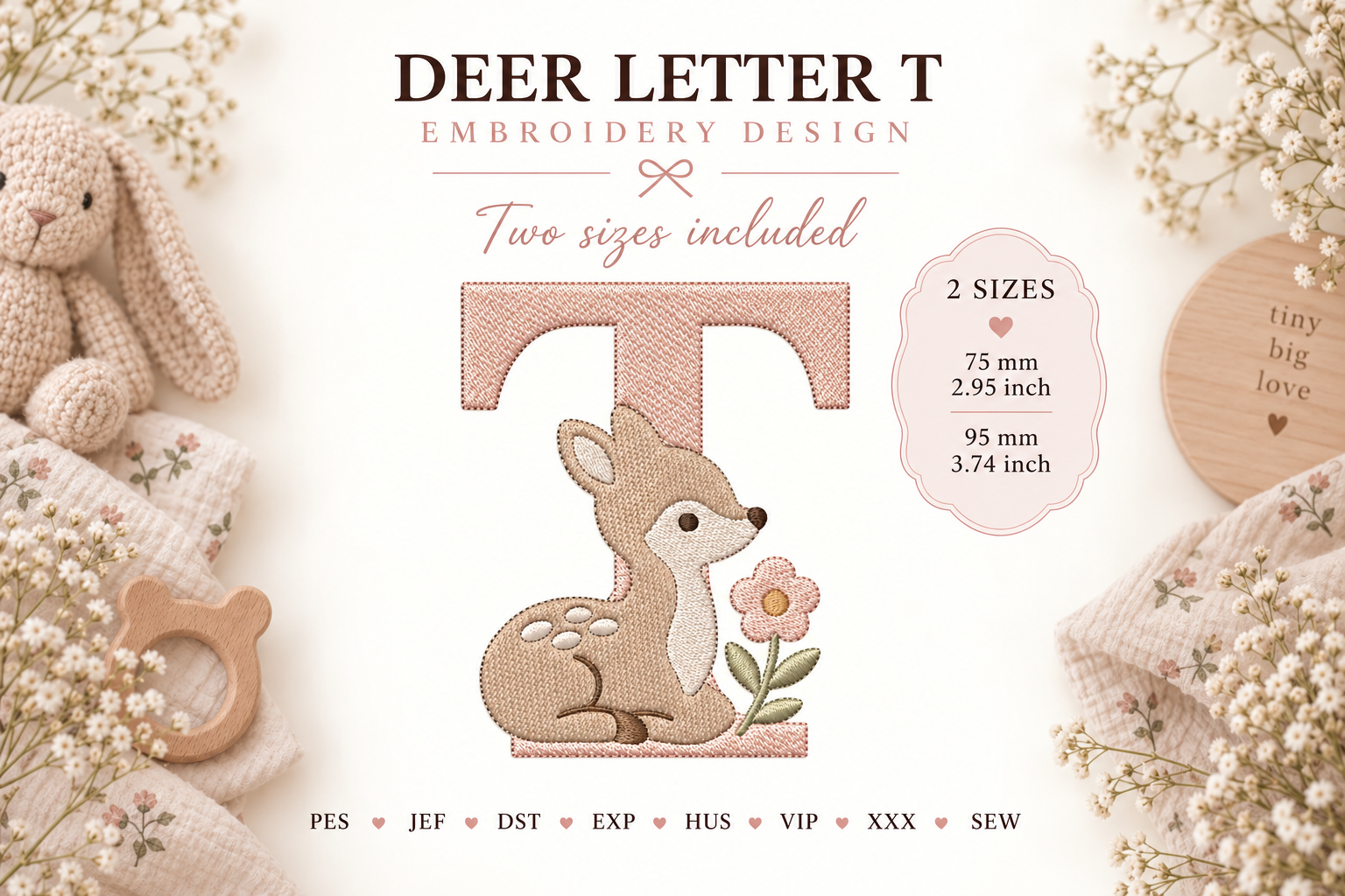 Letter T Baby Fawn Embroidery Design