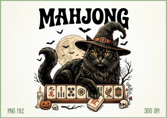 Mahjong Halloween Black Witch Cat PNG