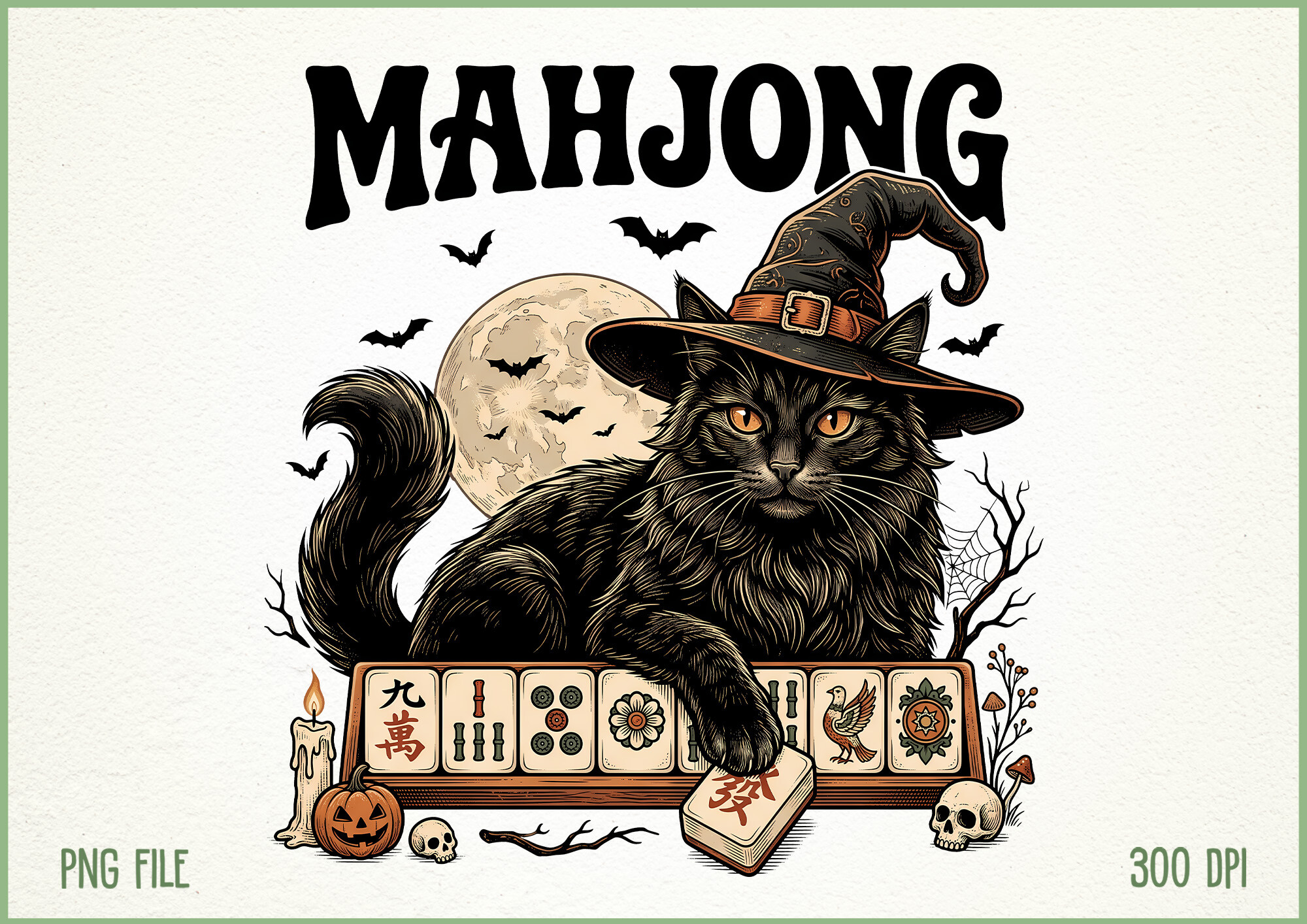 Mahjong Halloween Black Witch Cat PNG